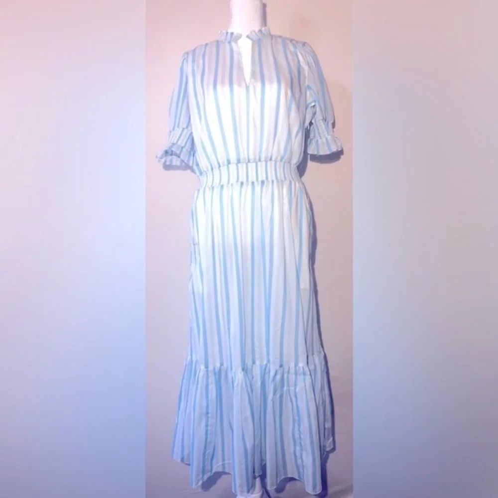 NWT J.Crew Women Blue/White Stripes Midi Dress with Puff Sleeve short. Size S